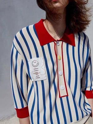 質感💗藍條紋紅領拼色笑臉POLO短袖針織衫