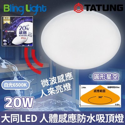 ◎Bling Light LED◎大同LED 人體感應 防水 吸頂燈/陽台燈/浴室燈20W，微波感應，CNS認證，全電壓