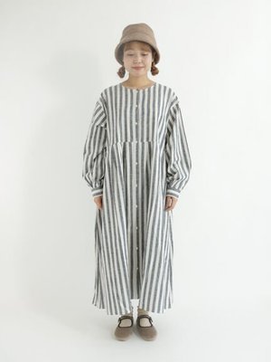 SM2【Samansa Mos2】藍白條紋  拼接棉麻  開襟  蓬袖洋裝