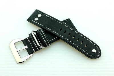 小沛的新衣--banda德國軍錶vintage冒險風格,鉚釘24mm黑色真皮瘋馬錶帶panerai --白色線
