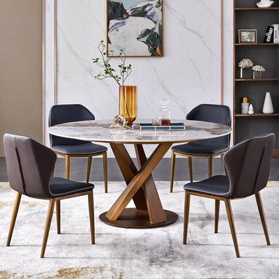 輕奢亮光巖板圓餐桌潘多拉古銅色內嵌轉盤圓桌家用圓形餐桌椅組合滿減 促銷 夏季