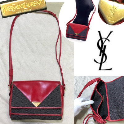 低價起標～正品YSL聖羅蘭Yves Saint Laurent 牛皮斜背包 真皮側背包 皮革編織包 紅色精緻古董包