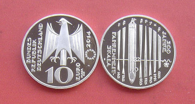 銀幣雙色花園-德國2014年華氏發現水銀溫度計300周年-10E精制紀念銀幣