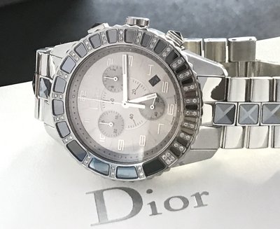 Christian Dior 附盒 保証真品 天然真鑽 飾水晶 三眼計時女錶