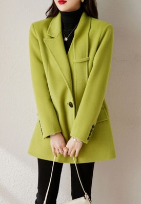 綠色雙面零羊絨大衣女短款時尚休閑小西裝外套