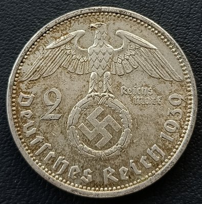 德國   1939年  A(柏林廠)  納粹德國   2馬克    興登堡    銀幣(62.5%銀)    1849