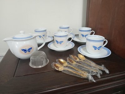(日本生活用品)日本美濃燒蝴蝶紋西式茶具組(1壺+5杯)(A728)