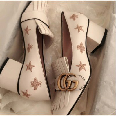 GUCCI Marmont 皮革 金屬Logo 流蘇 刺繡 蜜蜂 星星 高跟鞋 粗跟 白色 尺寸齊全
