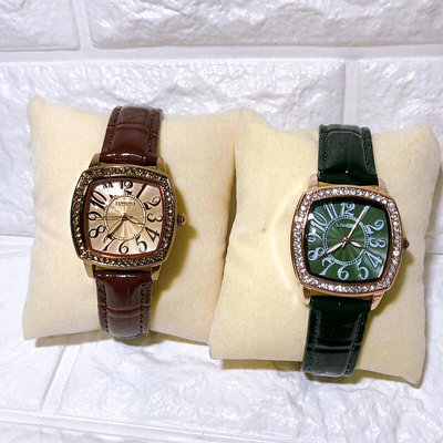 LONGBO/方型鑽飾真皮錶帶石英女錶/綠色/咖啡色/83543L