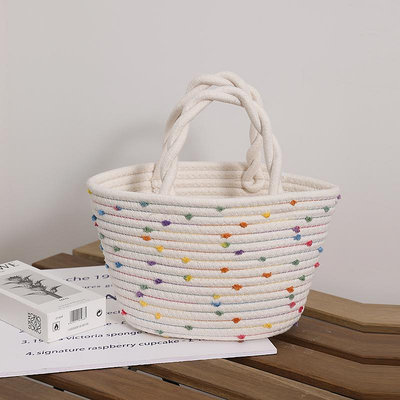 小清新彩色豆豆棉線編織包女 新款小眾設計手提包度假手拎籃子包