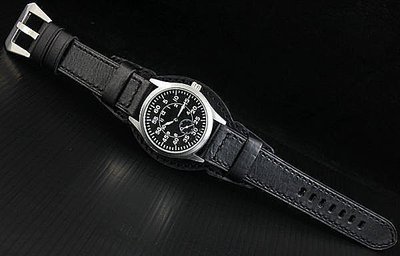 22mm hamilton'新衣bund watch strap飛行軍錶風格黑色縫線真皮錶帶seiko iwc