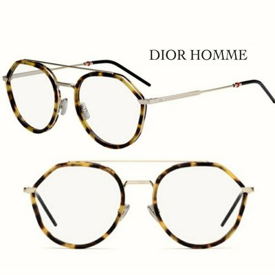 Dior Homme ► ( 淺琥珀玳瑁色框×金屬銀鎳色 ) DoubleBridge雙線框 多邊型貓眼方框框型 眼鏡 光學鏡框 中性款｜100%全新正品｜特價