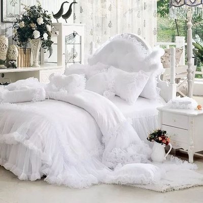 公主床罩組 標準雙人床罩組 輕舞曼紗 白色 5尺薄床罩 薄被套 4件組 公主風 床罩組 波浪床裙 床裙組