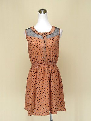 TOYOKO 東京著衣 橘色點點圓領無袖蕾絲雪紡紗洋裝F號(63577)