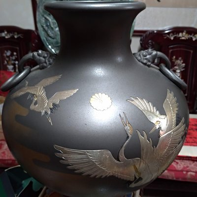 古董收藏古玩藝品/日本高岡銅器名家真峰作鶴青銅花瓶(日本花瓶器