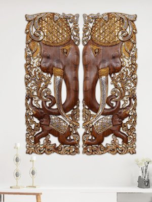 【熱賣精選】泰國手工雕刻彩玻大象雕花板客廳玄關背景墻裝飾墻壁入戶壁飾掛件 木雕藝術品 壁飾