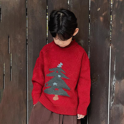 童裝2024新年冬裝男女童紅色毛衣兒童圣誕新年款針織衫加厚上衣
