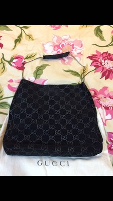 真品 經典Gucci 低調Logo黑色麂皮百搭肩包