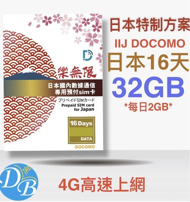 樂無限【日本獨家方案 16天 4G 上網網 】非漫遊卡 日本上網 使用 DOCOMO 電信 DB 3C LIFE