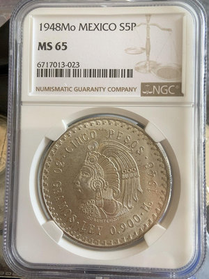 1948年墨西哥印第安瑪雅酋長5比索銀幣NGC MS64