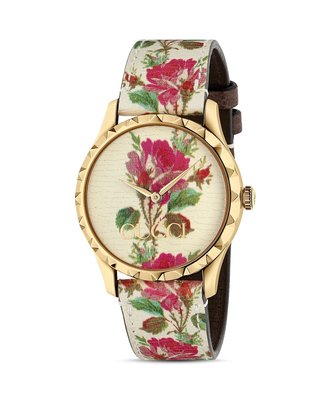 Coco小舖 Gucci G-Timeless Floral Leather Strap Watch 米色花卉皮革手錶