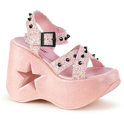 Shoes InStyle《五吋》美國品牌 DEMONIA 原廠正品龐克歌德蘿莉金蔥鉚釘楔型星星厚底涼鞋 『粉紅色』