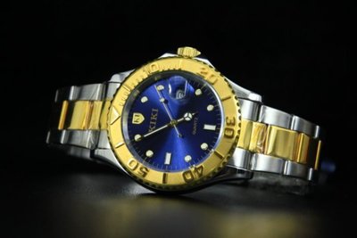 歐風潮流中金藍遊艇造型全不鏽鋼製石英錶,備有日期,帶寬20mm