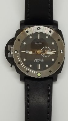 【成吉思汗精品】BALMER賓馬王機械錶沛納海款銀鋼框黑色皮錶帶帶日期藍寶石鏡面型號：7994