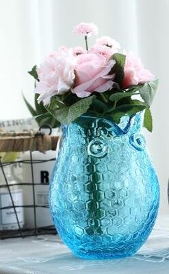 6599A 歐式 玻璃貓頭鷹造型瓶 可愛貓頭鷹藍色玻璃瓶擺飾瓶玻璃花瓶禮物