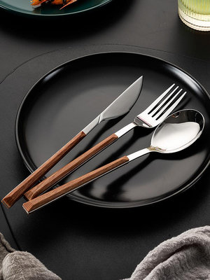 onlycook家用仿木柄刀叉勺三件套日式不銹鋼牛排刀叉西餐餐具套裝~無憂良品鋪