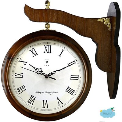 【熱賣精選】掛鐘 時鐘 鬧鐘 客廳創意雙面石英鐘錶復古靜音時鐘歐式實木臥室掛錶14英寸 1606棕色