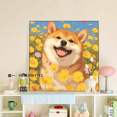 風景數字油畫可愛柴犬狗狗數字油畫diy填充填色手工繪治愈系丙烯油彩畫裝飾畫數字填色油畫