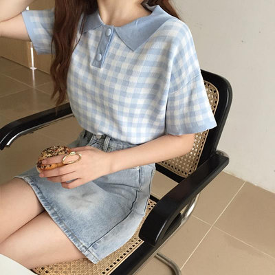 MA甜美夏季韓版復古短版針織衫打底上衣百搭Polo領