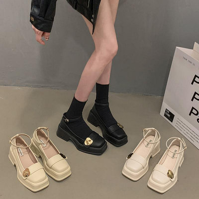 瑪麗珍鞋子女2024春秋季新款小皮鞋小個子粗跟方頭韓系單鞋
