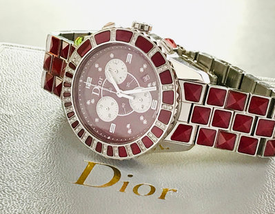 Christian Dior 附証書原廠盒 石榴色水晶 鑲真鑽 三眼計時 鑽錶 A