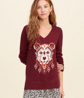 【550含運】HOLLISTER HCO Patterned V-Neck Sweater V領針織毛衣酒紅色XS號