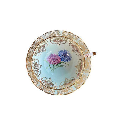 英國中古骨瓷帕拉貢paragon淡藍色繡球花描金闊口杯盤