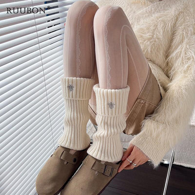 jk奶白色襪套女秋冬加厚保暖腿套羊毛堆堆襪煙灰色小腿襪