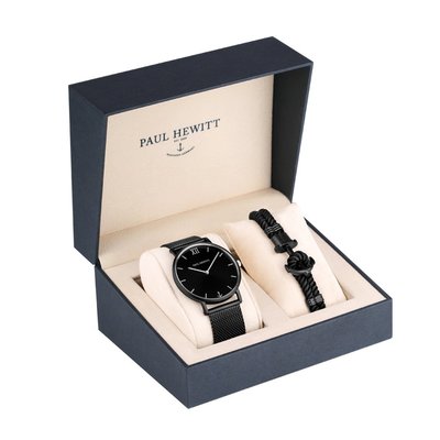 【台南 時代鐘錶 PAUL HEWITT】PH-PM-4 德國船錨 米蘭錶帶手錶 手環禮盒套組 黑