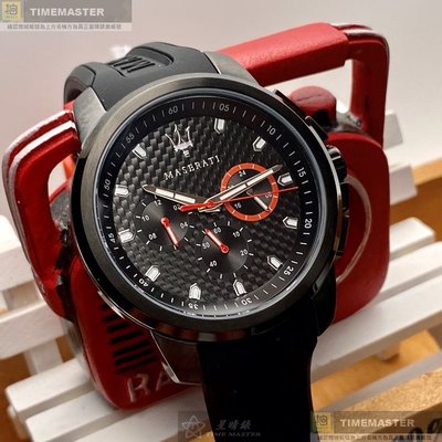 MASERATI手錶,編號R8851123007,44mm黑圓形精鋼錶殼,黑色三眼, 運動錶面,深黑色矽膠錶帶款