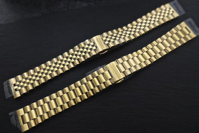 金色實心三珠款總統帶or五珠帶超值 20mm平頭不鏽鋼製錶帶,双按式蝴蝶錶扣,智慧表可用～可使用快拆彈簧棒