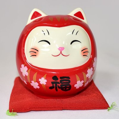 開運貓不倒翁 櫻赤福 藥師窯日本正版 吉祥物 貯金箱 15cm