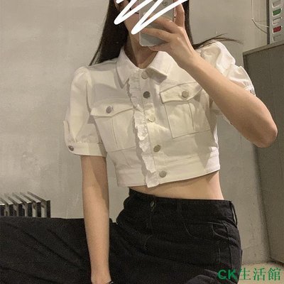 CK生活館【SHINE GIRL】白色牛仔 短袖外套女 夏季ins 新款韓版緊身 百搭短 款蕾絲拼接 襯衫潮