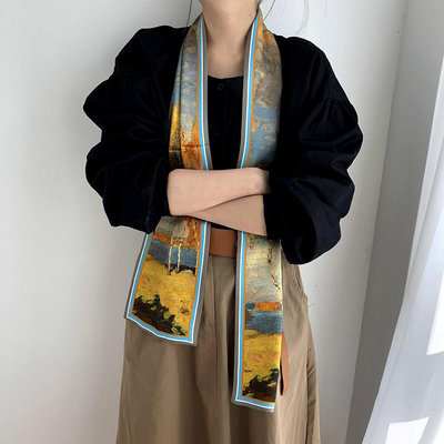 高檔絲巾女100桑蠶絲中國風油畫系列真絲絲巾桑蠶絲禮品長條絲巾現貨絲巾圍巾