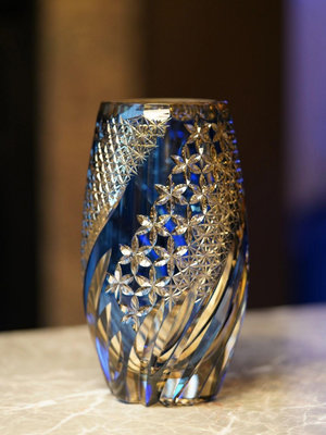 日本日式江戶切子kagami花瓶風花雪月純手工雕刻花瓶