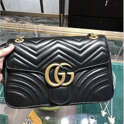 二手 Gucci 443496 GG Marmont matelassé 大款 31CM 雙鏈包 黑色現貨