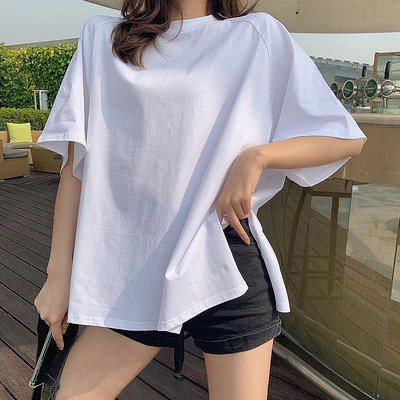 內 韓版2023夏季新款純白短袖原宿風寬鬆大版兩邊開叉-水水精品衣櫥