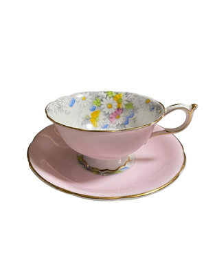 英國中古paragon帕拉貢粉色手繪菊花骨瓷杯盤