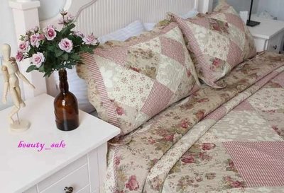 粉色斜拼 純棉  絎縫拼布  床組  床罩  雙人3件組