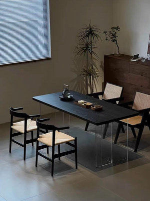 侘寂風亞克力懸浮餐桌方形實木黑色辦公桌家用書桌客廳茶桌椅組合 無鑒賞期 自行安裝